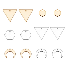 BENECREAT 48PCS 3 Shape 18K Gold Plated Brass Pendants, Triangle Hexagon Moon Brass Charms for Necklace Bracelet Earring Jewelry Making