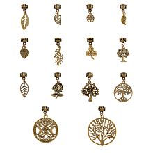 28Pcs Tibetan Style Alloy  Pendants, with Dreadlocks Braiding Beads, for Hair Styling, Leaf & Tree of Life & Clover, Antique Bronze, 25~55mm, Hole: 3.5mm, 14 style, 2pcs/style, 28pcs/set