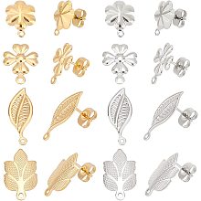 DICOSMETIC 32pcs 4 Styles Golden and Stainless Steel Color Leaf Stud Earring Findings with Ear Nuts Flower Ear Studs with Loop Hypoallergenic Stud Earrings for Jewelry Making,0.7mm Pin