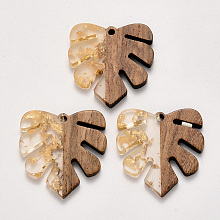 Honeyhandy Transparent Resin & Walnut Wood Pendants, Tropical Leaf Charms, with Gold Foil, Waxed, Monstera Leaf, Gold, 30x28x3.5mm, Hole: 2mm