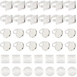 DICOSMETIC 40Sets 2Styles Adjustable Ring Bases Platinum Flat Round Square Finger Ring Trays Bezel Blanks for Rings Brass Ring Components with Glass Cabochons for DIY Rings Jewelry Making