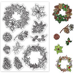 BENECREAT Pinecone Patterns PVC Plastic Stamps, 6.3x4.3inch Holly Leaf Garlands Transparent Rubber Seal Stamps for DIY Scrapbooking, Photo Album Decorative, Cards Making