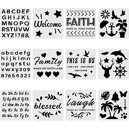 BENECREAT 12PCS Mixed Pattern Plastic Drawing Templates 12x12 Inches Letter Plant Animal Template Stencil for Scrabooking Card Making, Wall Floor Decoration