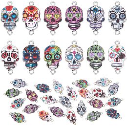 PandaHall Elite 48pcs Halloween Enamel Skull Pendants 12 Styles Skeleton Connetor Link Charms 26x13.5mm Colorful Skull Dangle Charms Flower Skull Head Charm for Necklace Bracelet Earring Making Crafting