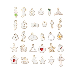 Arricraft 30Pcs 30 Styles Light Gold Alloy Enamel Pendants, Bowknot & Lightning Bolt & Japanese Dango & Cloud & Flower & Flat Round & Star & Triangle & Musical Note & Starfish & Star & Cat & Sea Horse & Crown & Heart, White, 9~25x5~16x1~3mm, Hole: 1.6~2mm, 1pc/style