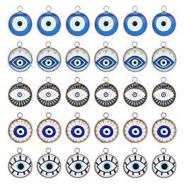 DICOSMETIC 30Pcs Luminous Glass Eye Charm Blue Evil Eye Charm Flat Round Charm Turkish Protection Charm Amulet Lucky Charm Stainless Steel Hamsa Eye Charm for DIY Jewelry Making Craft, Hole: 1.6mm