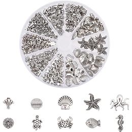 Arricraft 171 Pcs Ocean Style Beads, 10 Styles Antique Silver Sea Creatures Charms Small Fish Shell Alloy Loose Beads Assorted Animal Pendants for Necklace Jewelry Making