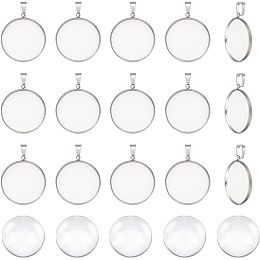 UNICRAFTALE 30 Sets Cabochon Pendants 304 Stainless Steel Round Cabochon Necklace Charms with Pinch Bails Blanks Bezel Pendant Trays with Glass Cabochon for DIY Jewelry Making