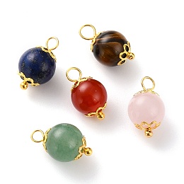 Honeyhandy Natural Lapis Lazuli & Red Agate & Green Aventurine & Rose Quartz & Tiger Eye Pendants, with Iron Bead Caps and Brass Ball Head Pins Findings, Round, Golden, 14~15.5x8~8.5mm, hole: 2~2.5mm.