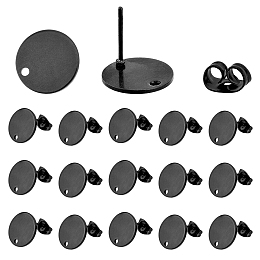 DICOSMETIC 40Pcs Flat Round Stud Earring Findings Stainless Steel Earrings Electrophoresis Black Earrings Posts with 1.6mm Loop and Earring Backs for DIY Earring Making Supplies, Pin: 0.8mm