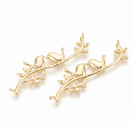 Honeyhandy Brass Links connectors, Branch and Leaves with Bird, Nickel Free, Real 18K Gold Plated, 46x13.5x2mm, Hole: 1mm