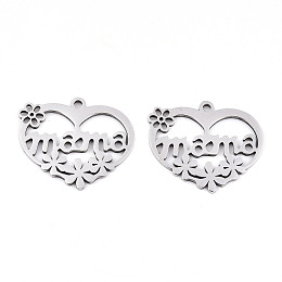 Honeyhandy Mother's Day 201 Stainless Steel Pendants, Laser Cut, Heart with Word Mama, Stainless Steel Color, 17x20x0.9mm, Hole: 1.4mm