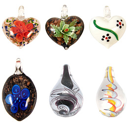 SUNNYCLUE Handmade Lampwork Pendants, Mixed Shapes, Mixed Color, 53~54x28~29x12~15mm, Hole: 8mm