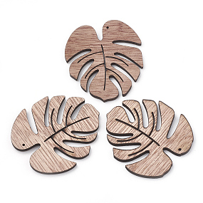 Honeyhandy Undyed Wooden Pendants, Tropical Leaf Charms, Monstera Leaf, Camel, 49x45x3mm, Hole: 1mm