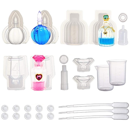 SUNNYCLUE Perfume Bottle Silicone Molds, Resin Casting Molds, For UV Resin, Epoxy Resin Jewelry Making, with Disposable Latex Finger Cots, Plastic Transfer Pipettes and Measuring Cup, Mixed Shapes, White, 50x40x13.5mm; 49x40x16mm; Inner Diameter: 4x41mm