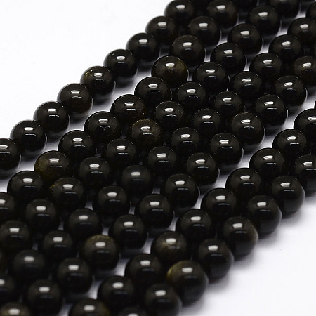 Arricraft Natural Golden Sheen Obsidian Beads Strands, Round, 6mm, Hole: 1mm, about 61pcs/strand, 15.2 inches