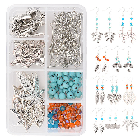 SUNNYCLUE DIY Dangle Earring Making Kits, include Tibetan Style Alloy Leaf Pendants, Synthetical Turquoise Beads, Glass Beads, Brass Earring Hooks, Iron Pin & Jump Ring, Antique Silver