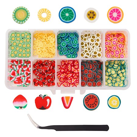 SUNNYCLUE Handmade Polymer Clay Nail Art Decoration Accessories, with Anti-static Tweezers, Fruit, Mixed Color, 13.5x7x3cm