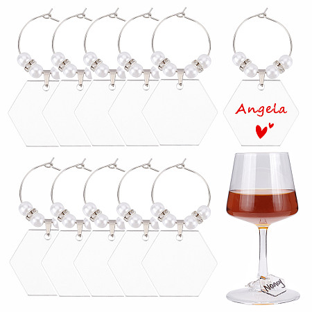 BENECREAT 20 Sets Acrylic Wine Glass Charms, Clear Hexagon Acrylic Blanks Ornaments with Beads and Wine Rings for Stem Glasses Wedding Holiday Birthday, 2.44x1.33 Inch