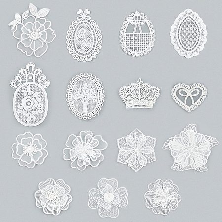 NBEADS 15 Pcs White Lace Patches, 15 Styles Lace Embroidery Fiber Patches Flower Heart Tree of Life Sew on Cloth Lace Applique for Cloth Decoration Sewing Repairing