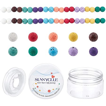 SUNNYCLUE 1 Box 200Pcs 10 Colors Natural Lava Stone Beads 8mm Round Loose Chakra Rock Beads Energy Stone Healing Power Bead Kit with Crystal Thread for Adults DIY Bracelet Jewellery Making