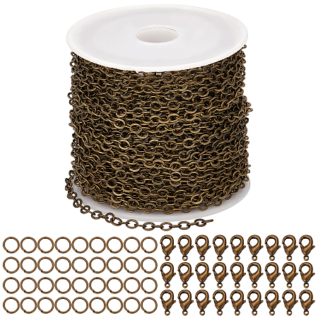 SUNNYCLUE 32.8Feet/ 10m Antique Bronze Chain Bulk Cable Curb Chains Brass Chains for Jewelry Making Chain Links 100Pcs Iron Jump Rings 30Pcs Brass Lobster Clasps Necklace Bracelet Choker 4x3x0.6mm