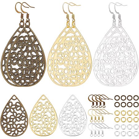 SUNNYCLUE 1 Box DIY 9 Pairs Antique Style Teardrop Charms Earrings Making Kit Big Charms for Jewelry Making Large Hollow Charms Leaf and Flower Charms Earring Hooks Jump Rings Starter Beginner Women