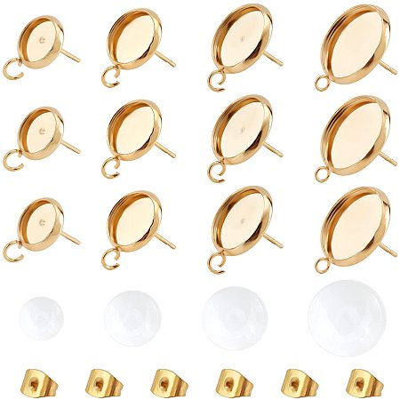 UNICRAFTALE About 72pcs Golden Stainless Steel Blank Stud Earring Bezel Post Cup Stainless Steel Hypoallergenic Stud Earring with Ear Nuts for Jewelry Making 8/10/12/14mm