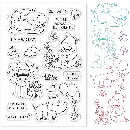 GLOBLELAND Happy Hippo Silicone Clear Stamps Transparent Stamps for Kids Birthday Valentine's Day Cards Making DIY Scrapbooking Photo Album Decoration Paper Craft