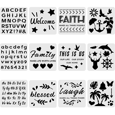 BENECREAT 12PCS Mixed Pattern Plastic Drawing Templates 12x12 Inches Letter Plant Animal Template Stencil for Scrabooking Card Making, Wall Floor Decoration