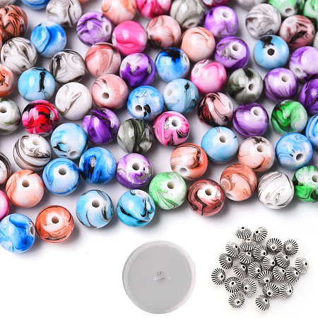Honeyhandy DIY Stretch Bracelets Necklaces Kits, Including Spray Painted Acrylic Round Beads, Alloy Bicone Beads and Elastic Crystal Thread, Mixed Color, Acrylic Bead: 10x9.5mm, Hole: 2mm, Total: 330pcs/set