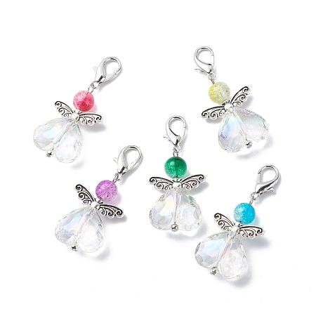 Honeyhandy AB Color Transparent Acrylic Beads Pendant Decorations, Heart Angel Clip-on Charms, with Crackle Glass Beads and Zinc Alloy Lobster Claw Clasps, Mixed Color, 47mm