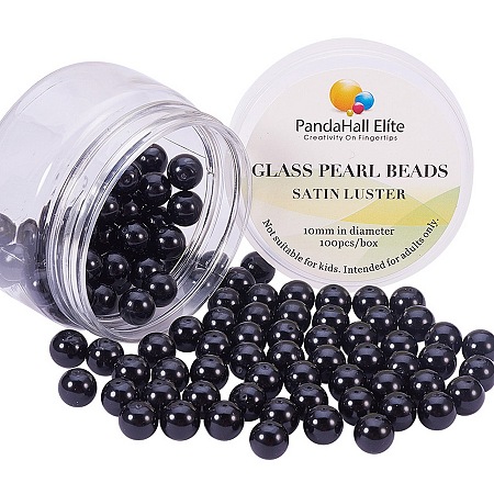 PandaHall Elite 10mm Anti-flash Black Glass Pearl Tiny Satin Luster Round Loose Pearl Beads for Jewelry Making, about 100pcs/box