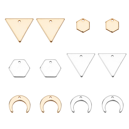 BENECREAT 48PCS 3 Shape 18K Gold Plated Brass Pendants, Triangle Hexagon Moon Brass Charms for Necklace Bracelet Earring Jewelry Making