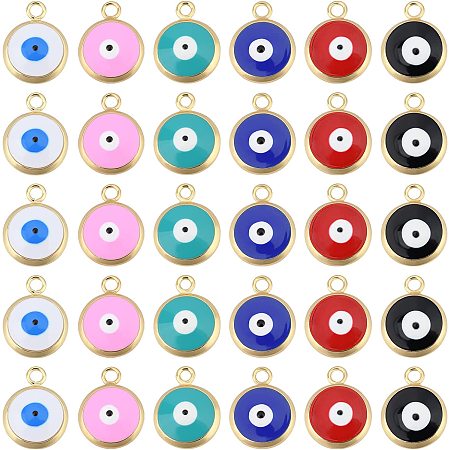 BENECREAT 12Pcs 6 Colors 18K Gold Plated Brass Enamel Charms, Flat Round with Evil Eye Oil Drip Enamel Paint Charms for DIY Jewelry Earring Necklace Craft Making