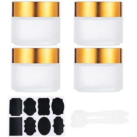 BENECREAT 4 Pack 3.4oz Thick Frosted Glass Straight Sided Jar with White Inner Liner and Gold Lids (2 Spatulas, 1 Label) for Face Cream Scrubs