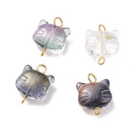 Honeyhandy Glass Connector Charms, with Golden Tine Iron Double Loops, Cat, Mixed Color, 19x14x6.5mm, Hole: 2~3mm