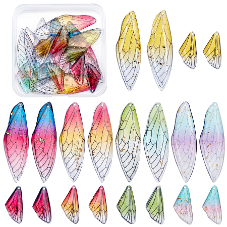 Nbeads 20Pcs 10 Style Transparent Resin Pendants, with Gold Foil, Insects Wing, Mixed Color, 24.5~51x11.5~16.5x1~2.5mm, Hole: 1~1.2mm, 2pcs/style