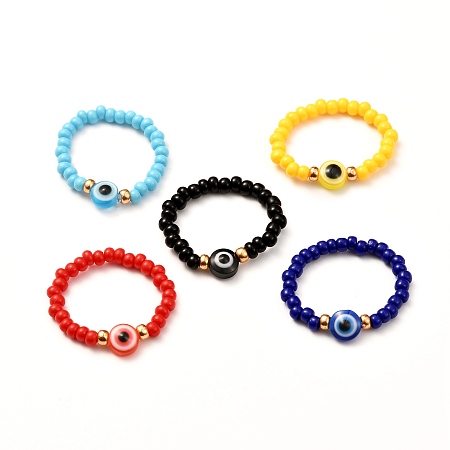 Honeyhandy Flat Round with Evil Eye Resin Beads Finger Ring, with Glass Beads, Mixed Color, US Size 8(18.1mm)