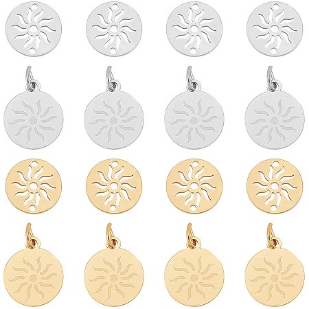 DICOSMETIC 8Pcs 2 Colors Stainless Steel Flat Round with Sun Charms and Links Connectors Sun Shaped Connectors Round Small Sun Pendant for DIY Jewelry Making Crafts