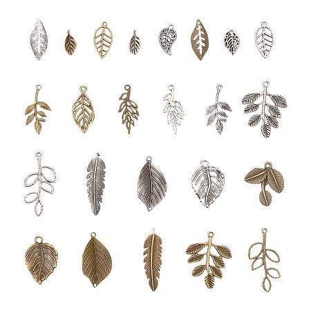 PandaHall Elite 96pcs 14 Styles Tibetan Alloy Tree Leaf Charms Pendants Leaves Branch Beads Charms for DIY Bracelet Necklace Jewelry Making, Antique Bronze Silver