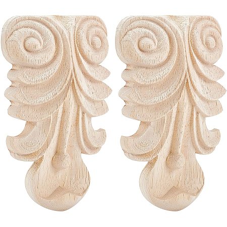 SUPERFINDINGS 2pcs Rubber Wood Carved Applique Onlay Furniture Unpainted Decoration Wood Carved Decoration Appliques for Front Door Cabinet Decoration, 12x7cm