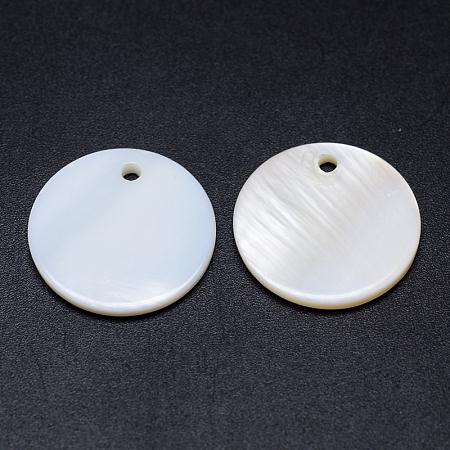Honeyhandy Natural White Shell Mother of Pearl Shell Pendants, Flat Round, White, 20x2mm, Hole: 2mm