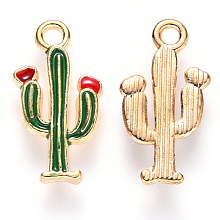 Honeyhandy Alloy Enamel Pendants, Cactus, Light Gold, Green, 19x10x2.5mm, Hole: 1.8mm