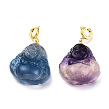 Honeyhandy Carved Natural Fluorite Pendants, with Brass Spring Ring Clasps, Buddha, Golden, 33.5mm, Pendant: 24.5x20x8.5mm