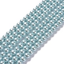 Glass Pearl Beads, Pearlized, Round, Light Blue, 6mm, Hole: 0.7~1mm, about 68pcs/Strand, 16''(40.64cm)