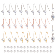 BENECREAT 24Pcs 3 Colors Brass Micro Pave Clear Cubic Zirconia Earring Hooks, with Horizontal Loops, with 30Pcs Plastic Ear Nuts, Mixed Color, 15mm, Hole: 2mm, Pin: 0.7mm, 8Pcs/color