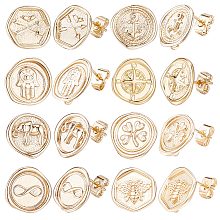 CREATCABIN 16Pcs 8 Style Brass Stud Earring Findings, with Vertical Loops & 16Pcs Ear Nuts, Arrow & Infinity & Elephant & Clover & Palm & Compass, Golden, 12.5~14x13~13.5mm, Hole: 2mm, Pin: 0.8mm, 2Pcs/style