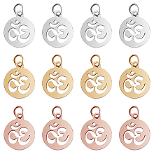 BENECREAT 30Pcs 3 Colors 304 304 Stainless Steel Pendants, Flat Round with Aum/Om Symbol, Mixed Color, 14x12x1.1mm, Hole: 3mm, 10pcs/color