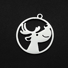 Honeyhandy Christmas 201 Stainless Steel Pendants, Laser Cut, Ring with Elk Christmas Reindeer/Stag, Stainless Steel Color, 22x20x1mm, Hole: 1.6mm